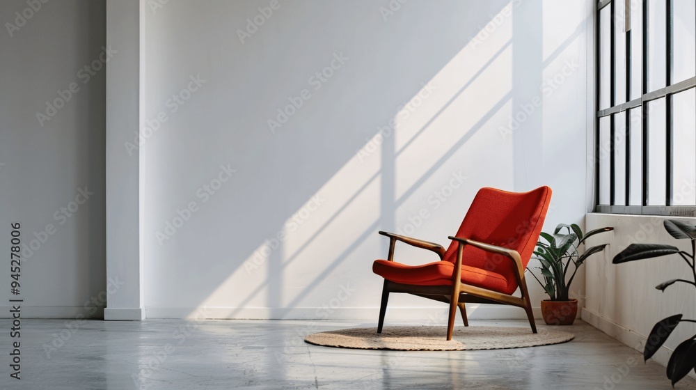 Minimalist Living Room with Red Chair and Natural Light Minimalist Living Room with Red Chair and Natural Light