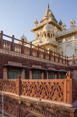 Beautiful architecture of Jaswant Thada cenotaph, in memory of Maharaja Jaswant Singh II, intricately carved sheets of Makrana marble, Jodhpur, Rajasthan, India, Asia. photo