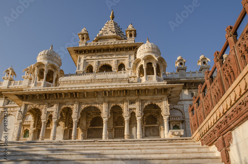 Beautiful architecture of Jaswant Thada cenotaph, in memory of Maharaja Jaswant Singh II, intricately carved sheets of Makrana marble, Jodhpur, Rajasthan, India, Asia. photo