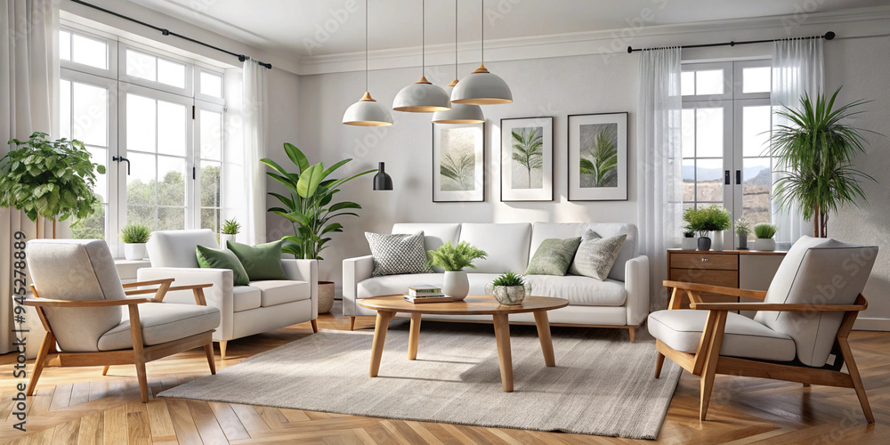 A bright Scandinavian-style living room with a white sofa, armchairs, wooden coffee table, and green plants. The space is filled with natural light, creating a cozy and airy atmosphere A bright Scandinavian-style living room with a white sofa, armchairs, wooden coffee table, and green plants. The space is filled with natural light, creating a cozy and airy atmosphere