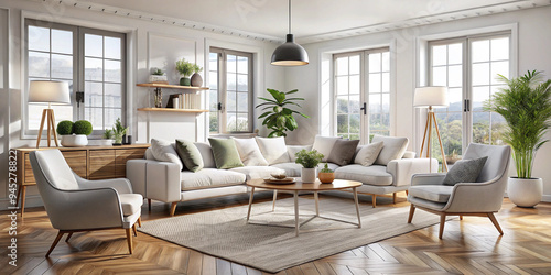 A bright Scandinavian-style living room with a white sofa, armchairs, wooden coffee table, and green plants. The space is filled with natural light, creating a cozy and airy atmosphere