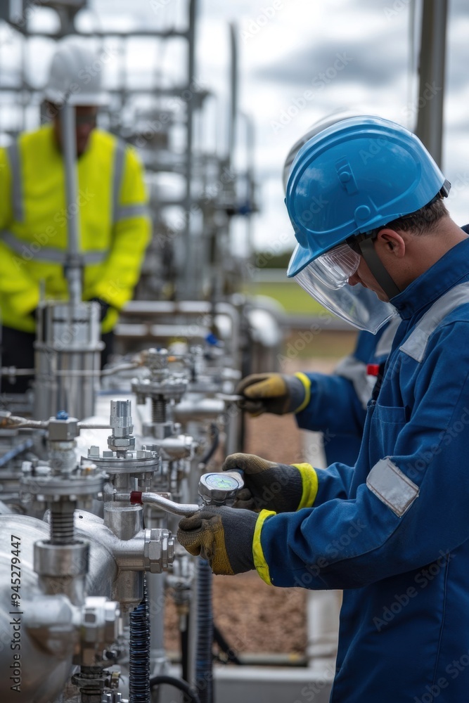 Engineers installing methane gas leak prevention systems at a new biogas plant, showcasing safety measures and system components in action. Engineers installing methane gas leak prevention systems at a new biogas plant, showcasing safety measures and system components in action.