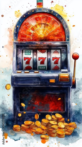 Vertical High Stakes Gambling Illustration of Slot Machine Showing 777 Jackpot with Coins Bursting and Dynamic Visual Energy