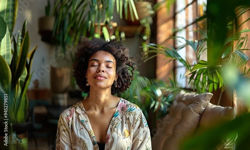 Engage in a serene experience as a person breathes deeply, surrounded by vibrant plants and soft sunlight in a cozy indoor space, perfect for relaxation and mindfulness