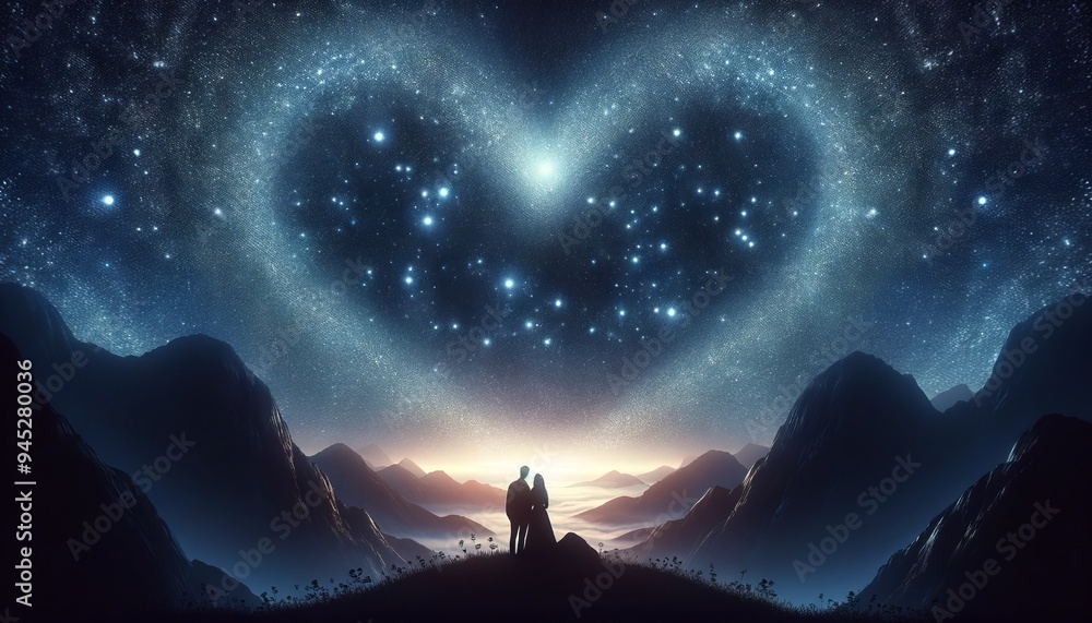 Two lovers stand close, embraced, beneath a heart-shaped constellation. surrounded by majestic mountains, they share a tender moment at sunset under the stars. Two lovers stand close, embraced, beneath a heart-shaped constellation. surrounded by majestic mountains, they share a tender moment at sunset under the stars.