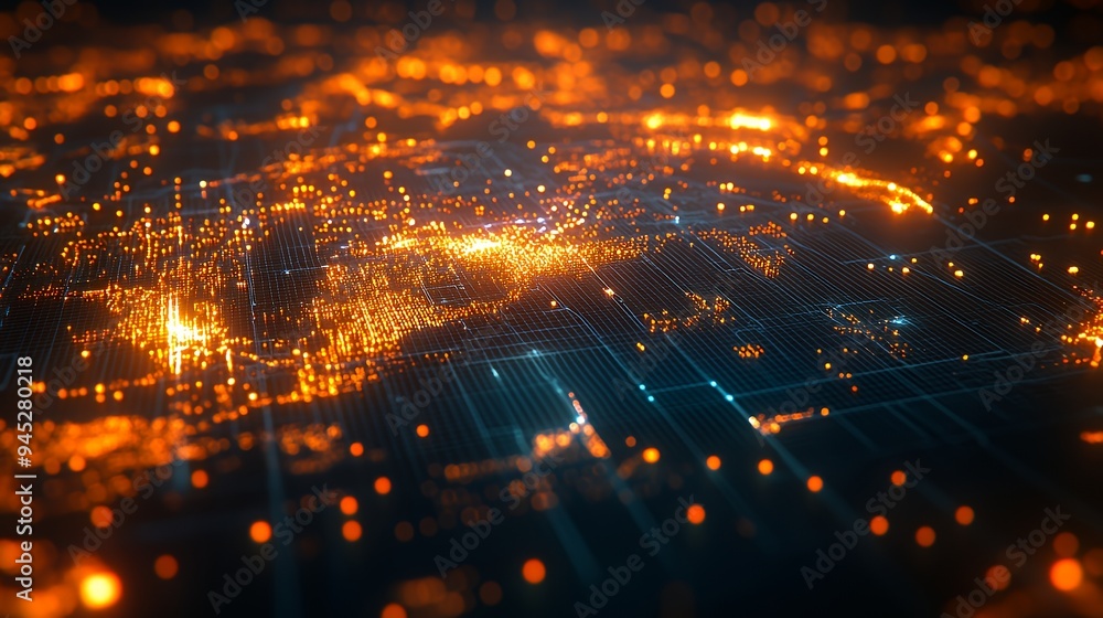 Fototapeta premium A digital representation of a network with glowing connections and data points.
