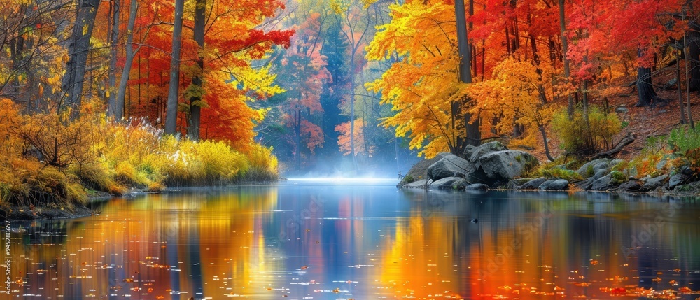 Naklejka premium Serene Autumn Reflections: Colorful Trees with Vibrant Foliage Mirrored in a Tranquil River