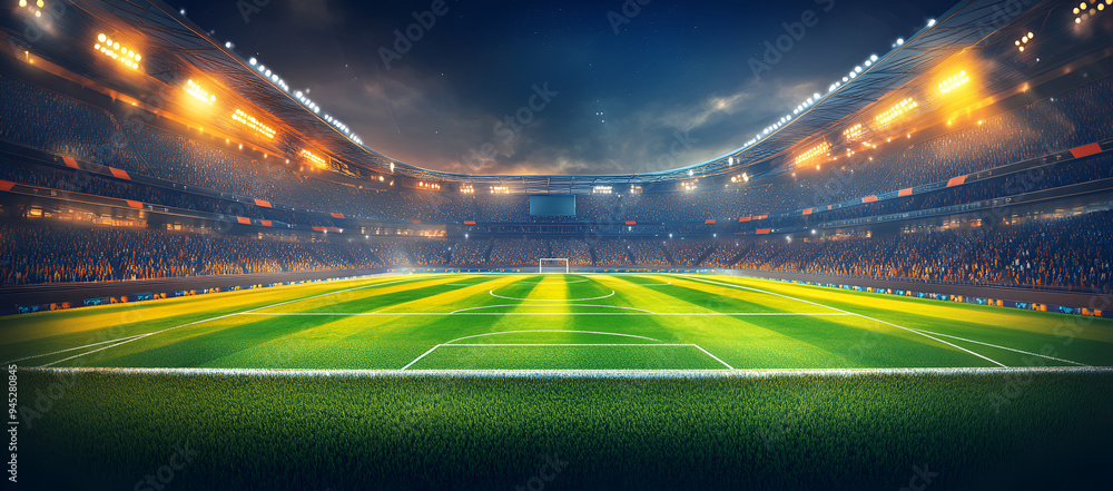 A large stadium with bright lights and green grass, full of cheering fans, Ai
A large stadium with bright lights and green grass, full of cheering fans, Ai