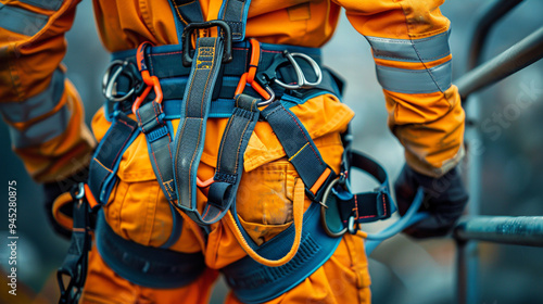 A construction worker wearing a safety harness and gear at a construction site.