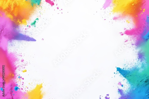 The colorful rainbow holi paint color powder explosion is isolated against a white background with a frame border with copy space