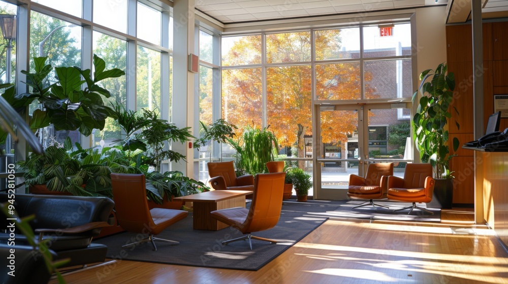 Modern Office Lobby with Greenery and Natural Light Modern Office Lobby with Greenery and Natural Light