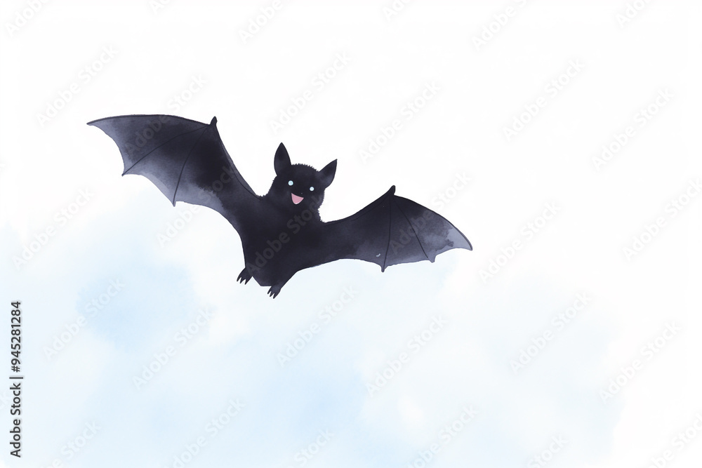 A majestic bat soaring through the sky, showcasing its large wings against a soft, cloudy background, perfect for Halloween themes.