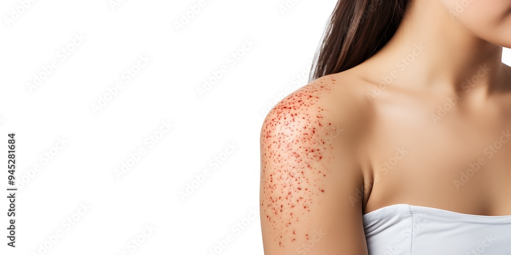 A woman with redness on her arm is holding it in pain, with Asian skin and a white background. A woman with redness on her arm is holding it in pain, with Asian skin and a white background.