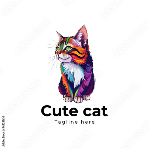 Colorful cat vector artwork on white background.  Cartoon Cat logo design. Cute Cat illustration for cat lover