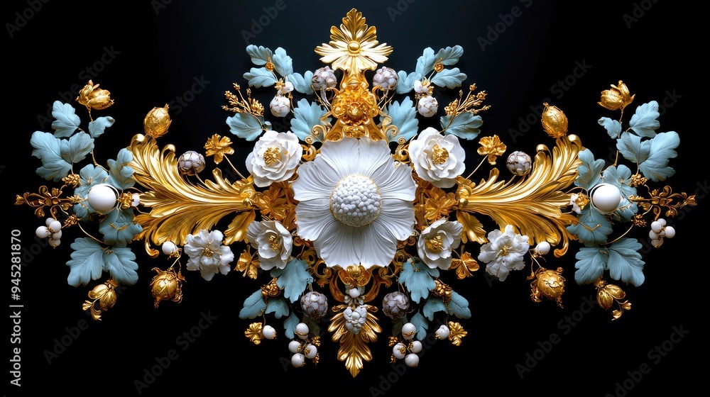 Elegant Golden Baroque Floral Sculpture as Intricate Wall Art. Elegant Golden Baroque Floral Sculpture as Intricate Wall Art.