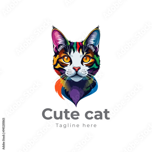 Colorful cat vector artwork on white background.  Cartoon Cat logo design. Cute Cat illustration for cat lover