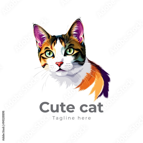 Colorful cat vector artwork on white background.  Cartoon Cat logo design. Cute Cat illustration for cat lover