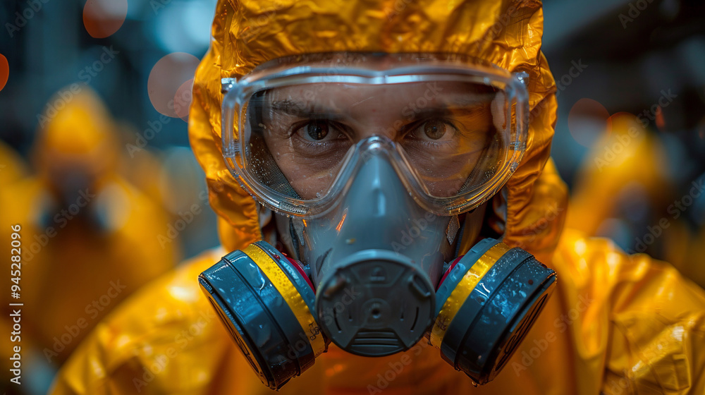 A man in a gas mask and a yellow protective suit with glasses against the background of a factory. A man in a gas mask and a yellow protective suit with glasses against the background of a factory.