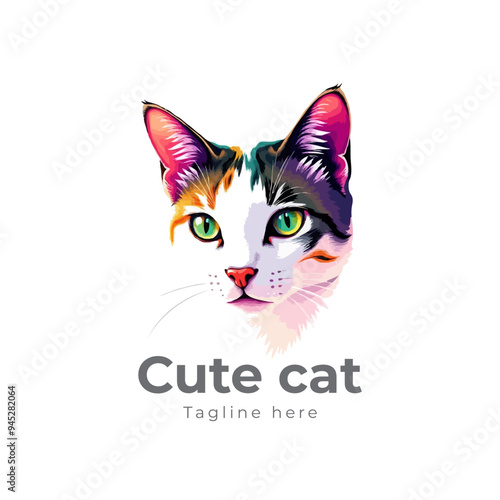 Colorful cat vector artwork on white background.  Cartoon Cat logo design. Cute Cat illustration for cat lover