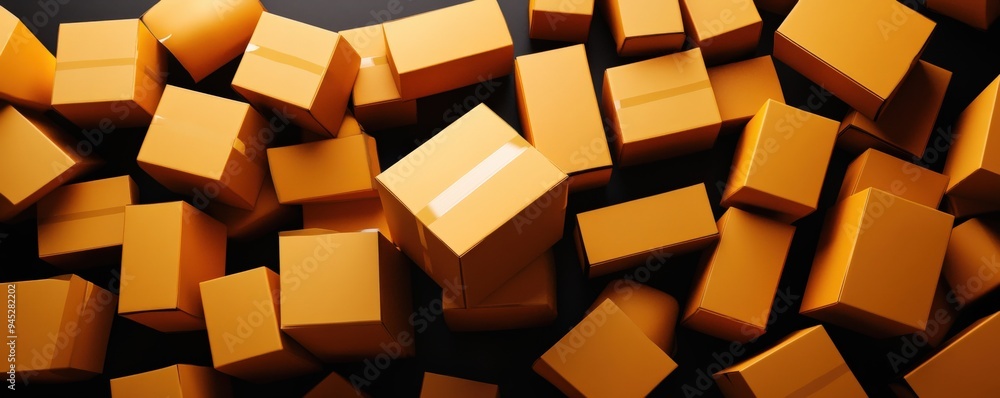 A collection of vibrant yellow boxes scattered on a black surface, ideal for retail or shipping themes. A collection of vibrant yellow boxes scattered on a black surface, ideal for retail or shipping themes.