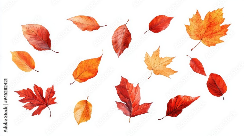 A row of autumn leaves are scattered across a white background A row of autumn leaves are scattered across a white background