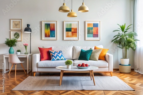 Scandinavian interior design of modern living room, home. Colorful vibrant pillows on white sofa against wall with art poster frame photo