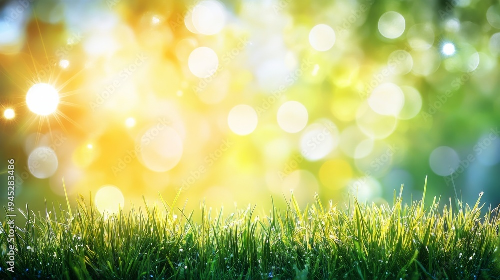 Obraz premium An abstract background with light bokeh and a sunny spring meadow. Green grass and a blue sky.