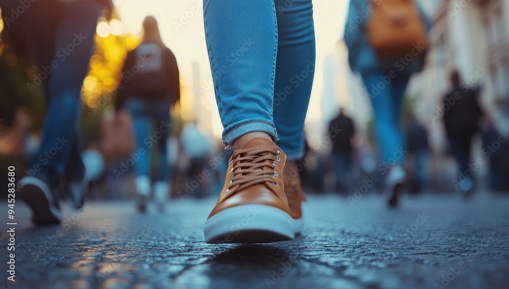 Fototapeta premium Close up shot of feet walking on a city street with other people in the background.
