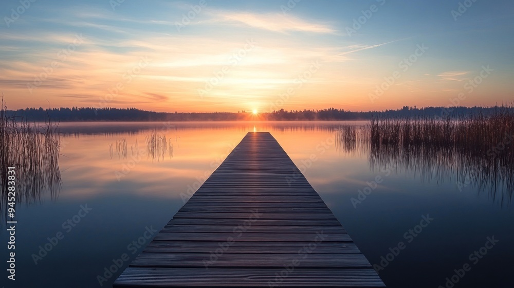 Sunrise over the lake with a wooden dock Sunrise over the lake with a wooden dock