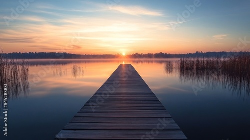 Sunrise over the lake with a wooden dock