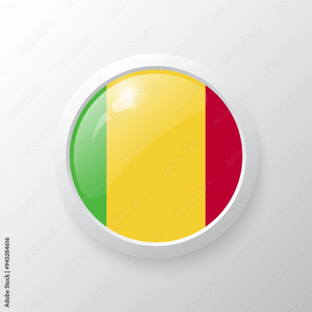 Fototapeta premium 3D Button with Mali flag. as round glossy icon on background isolated. Vector illustration eps 10.