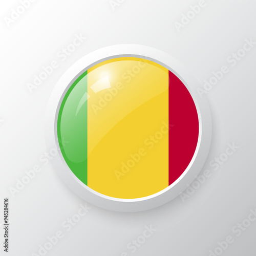 3D Button with Mali flag. as round glossy icon on background isolated. Vector illustration eps 10.	
