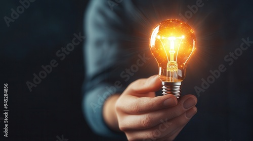 Hand Holding a Glowing Light Bulb with Network Connections.