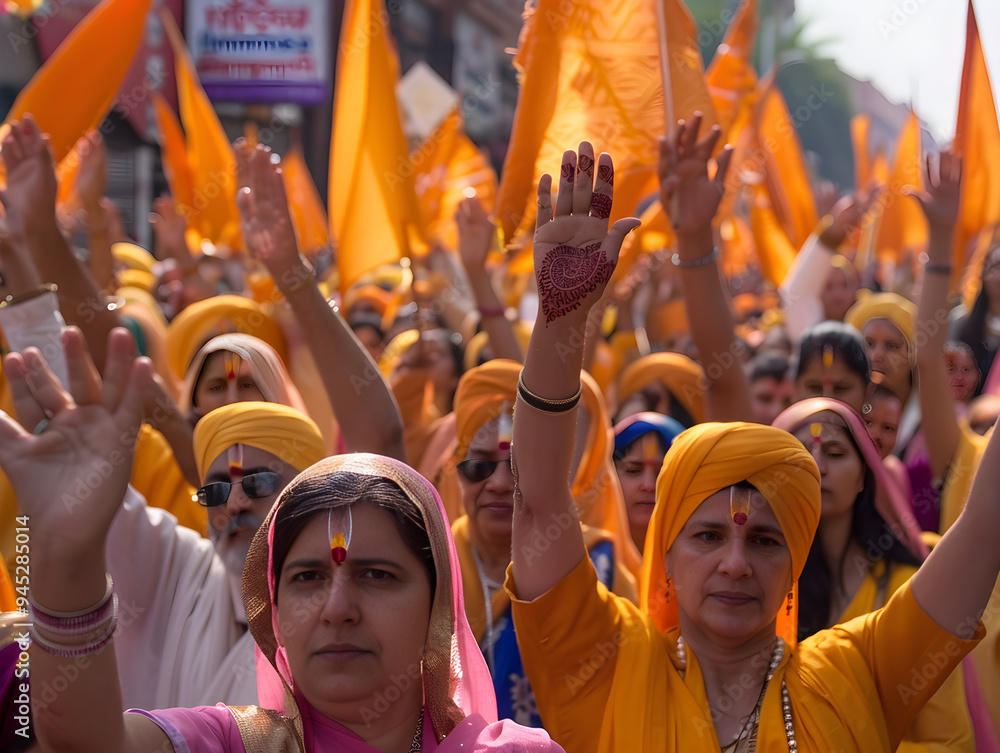 Sikh devotees in colorful attire follow musicians in procession, singing and chanting in unity. Sikh devotees in colorful attire follow musicians in procession, singing and chanting in unity.