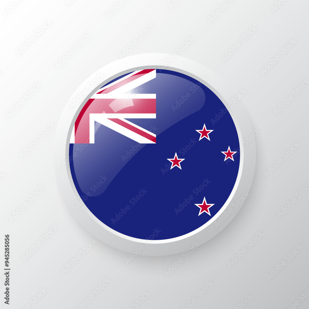 Obraz premium 3D Button with New Zealand flag. as round glossy icon on background isolated. Vector illustration eps 10. 