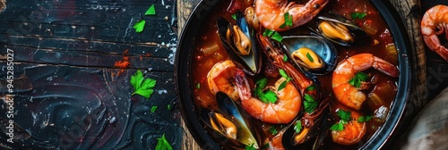 Seafood bisque featuring shrimp and mussels presented in a bowl Food photography