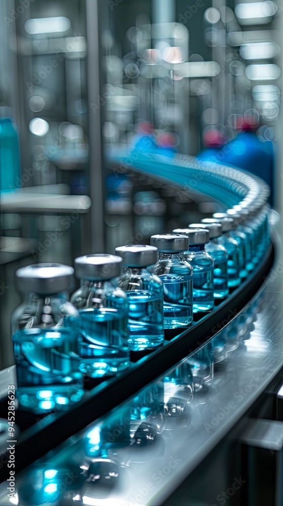 A sterile manufacturing facility, vials filled with a blue liquid move along a shiny conveyor belt, ready for distribution A sterile manufacturing facility, vials filled with a blue liquid move along a shiny conveyor belt, ready for distribution