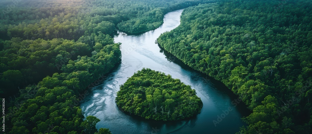 Tranquil River Meandering Through Lush Green Forest - Nature's Serenity Tranquil River Meandering Through Lush Green Forest - Nature's Serenity