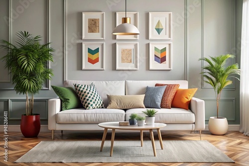 Scandinavian interior design of modern living room, home. Colorful vibrant pillows on white sofa against wall with art poster frame photo