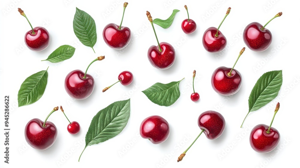 A collection of red cherries and leaves arranged artistically on a white background. A collection of red cherries and leaves arranged artistically on a white background.