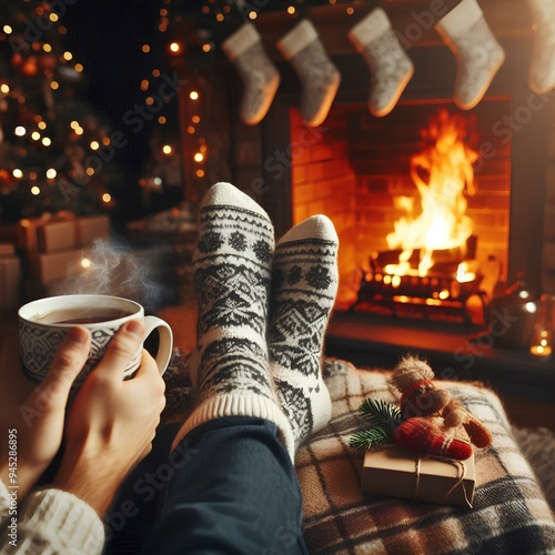 Feet in woollen socks by the Christmas fireplace. Man resting by the fire with blanket and tea. photo