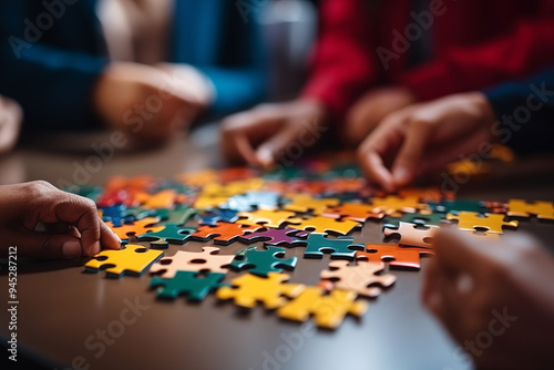 Close up of multiethnic group of people assembling jigsaw puzzle