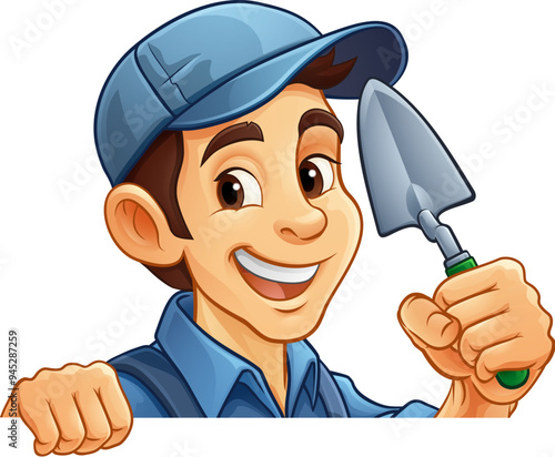 A bricklayer handyman cartoon construction mascot character man holding a trowel tool
