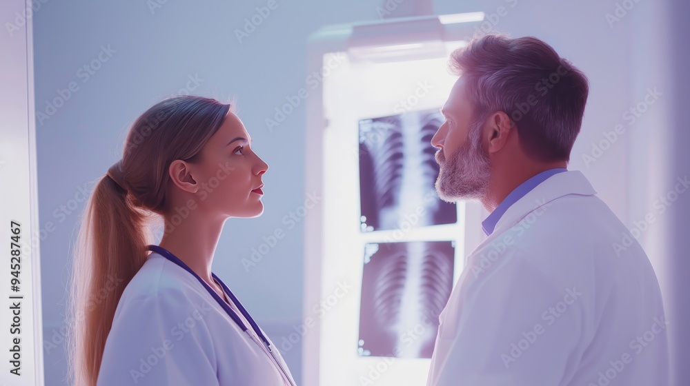 young female doctor with long brown hair in a white coat talking to a middle-aged male patient near an X-ray film in a light purple hospital room with bright lighting young female doctor with long brown hair in a white coat talking to a middle-aged male patient near an X-ray film in a light purple hospital room with bright lighting