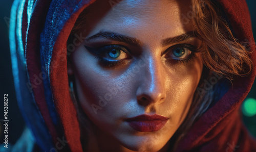 A woman with bright blue eyes looks intensely at the camera, her red hooded jacket framing her face