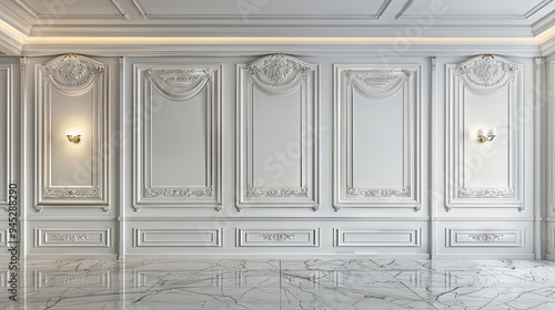 A white wall with intricate molding details, gold accents, and recessed lighting. The wall features a large, blank rectangular space for display