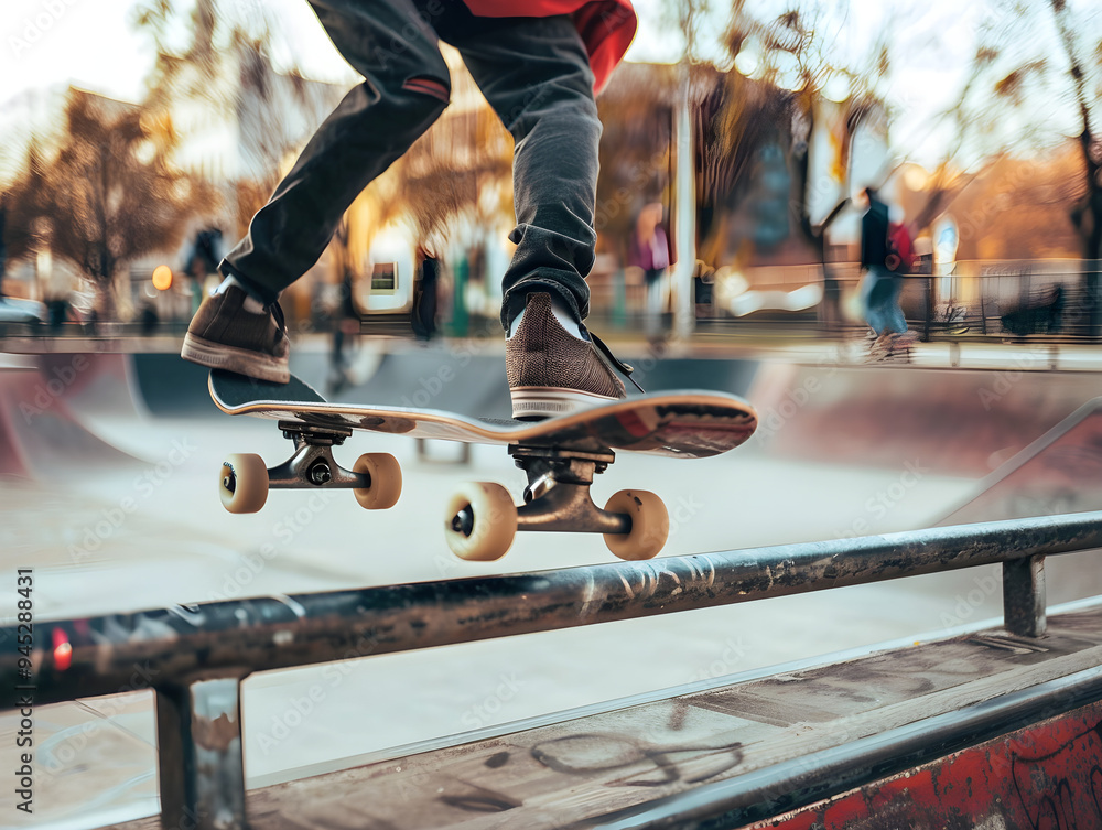 Skateboarder executing a grind trick on a rail in a gritty urban skatepark setting. Skateboarder executing a grind trick on a rail in a gritty urban skatepark setting.