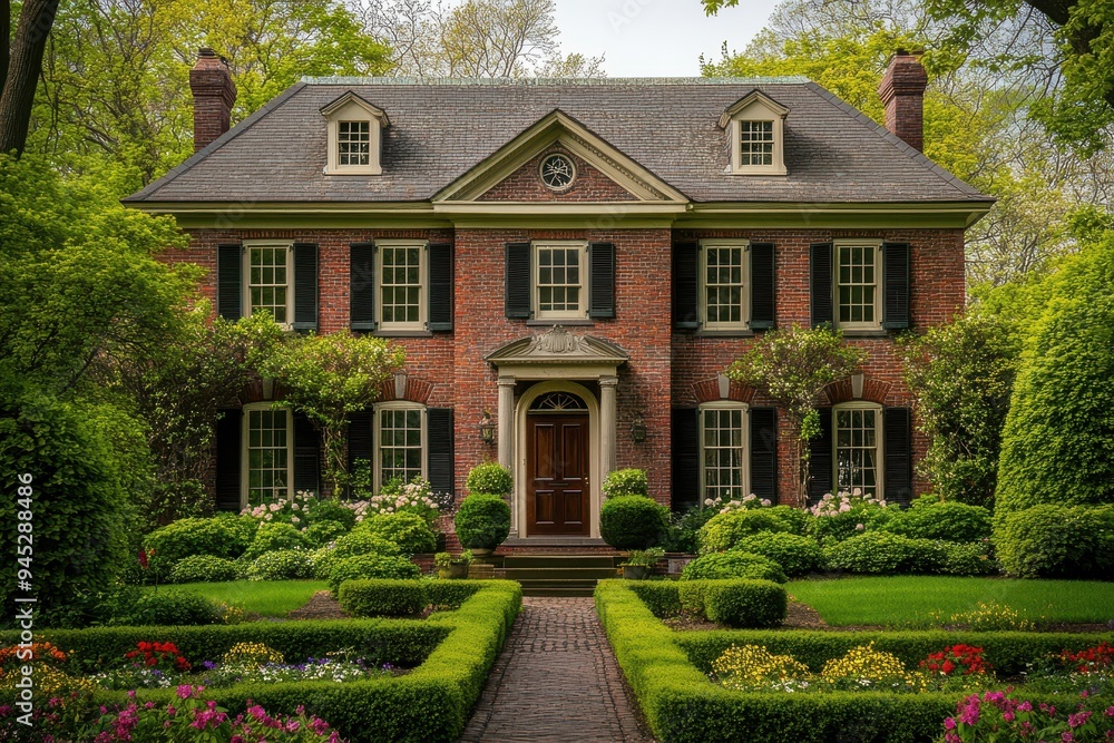 A beautiful brick house surrounded by lush greenery and colorful flowers in a well-maintained garden. A beautiful brick house surrounded by lush greenery and colorful flowers in a well-maintained garden.