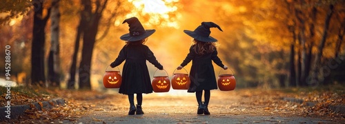 Two Children in Witch Costumes Walking at Golden Sunset photo