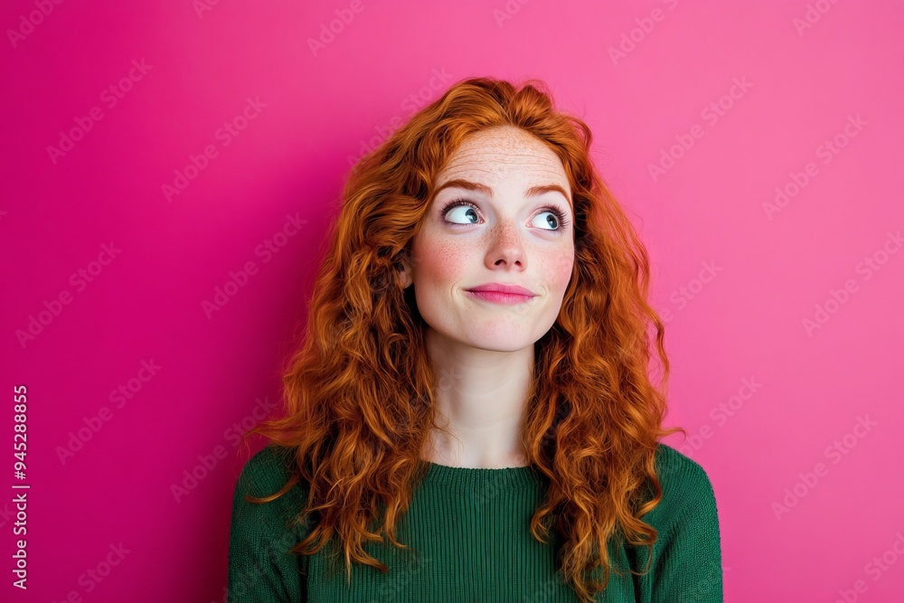 An attentive, pensive redhead woman with dimples, looking away from blank space while in a green jumper, thinks what to do, recalls something, has a pleasant smile against a pink studio background. An attentive, pensive redhead woman with dimples, looking away from blank space while in a green jumper, thinks what to do, recalls something, has a pleasant smile against a pink studio background.